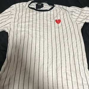 Men’s Large Pinstripe shirt with broken heart on it.